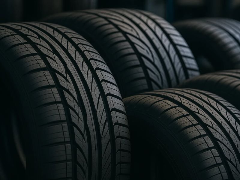 New tyres stacked in workshop