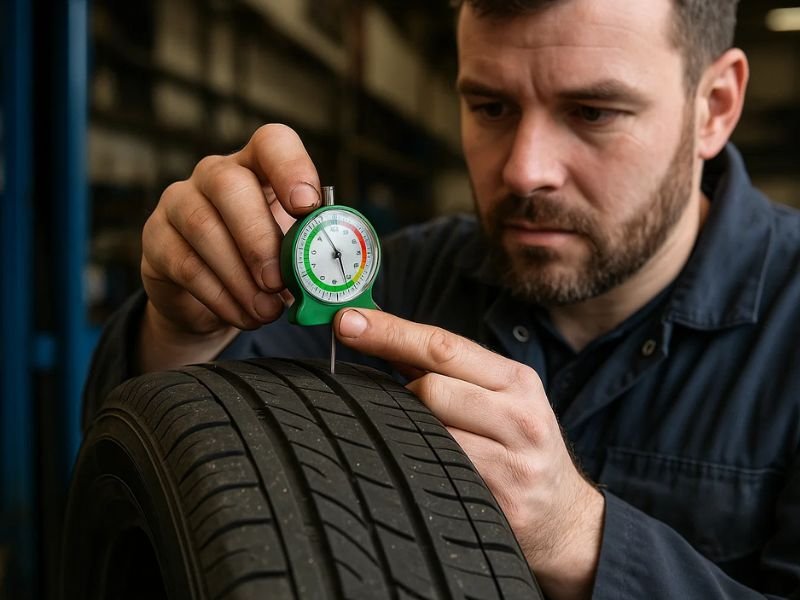 Mechanic checking tread depth on part-worn tyre