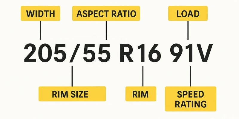 Diagram showing how to read tyre size: 205/55 R16 91V